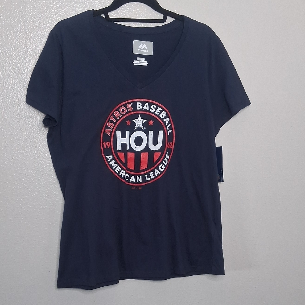 Houston Astros MLB Women's T-shirt Short Sleeve Blue Logo V-neck Size XL